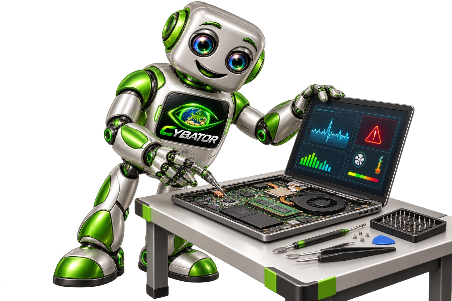 Cybator examining a laptop