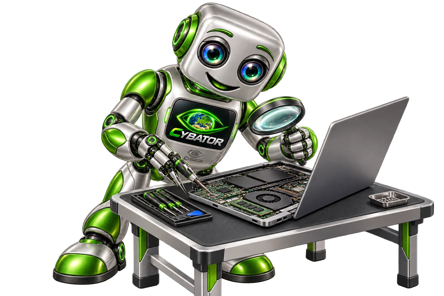 Cybator diagnosing a laptop